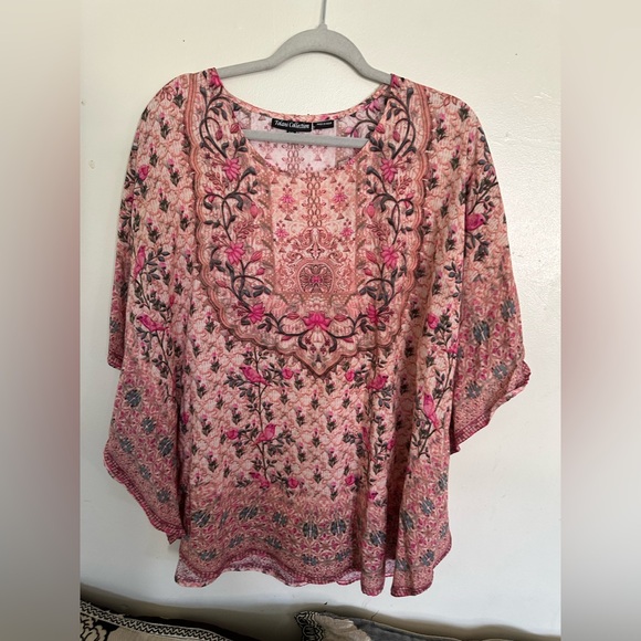 Tolani Collection Petite Printed Woven Caftan Tunic Pink Floral Bird size MP - Picture 2 of 11